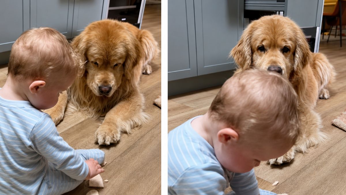 Golden Retriever Melts Hearts With Big Smile While Staying Patient Beside Baby