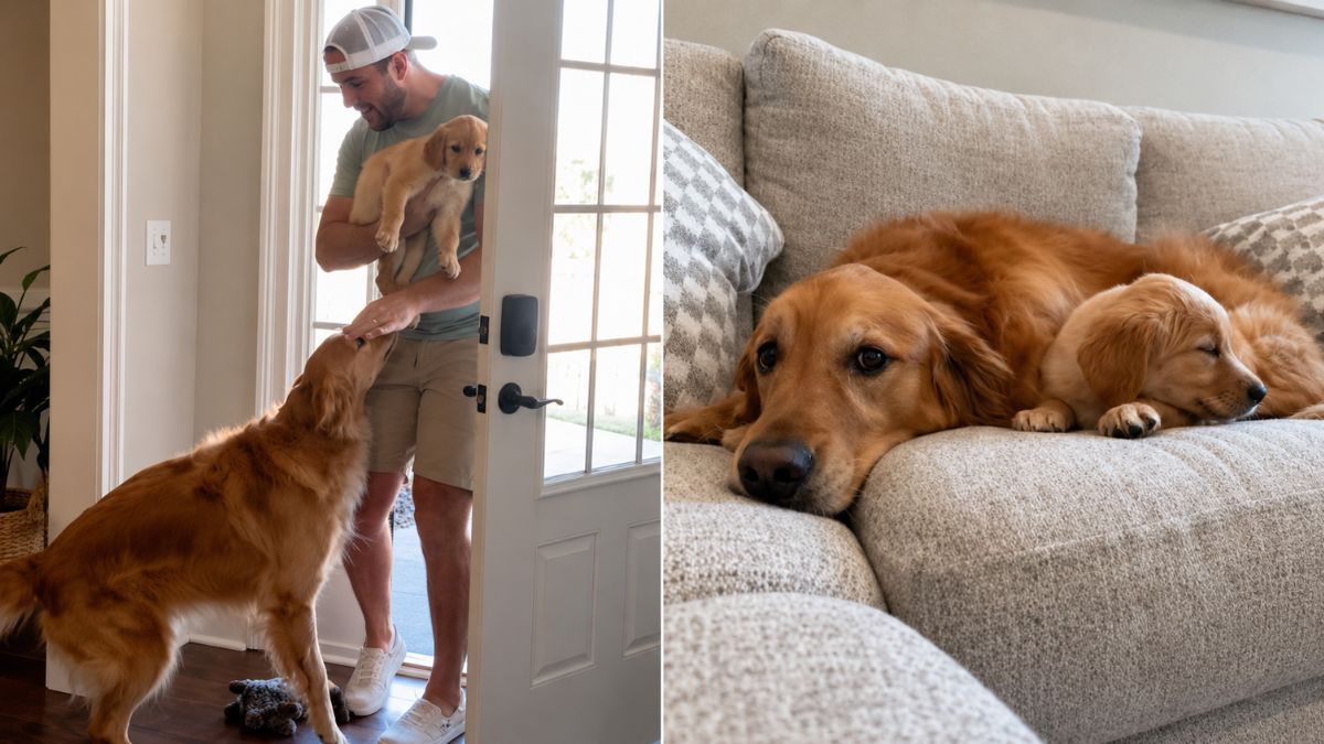 Golden Retriever Teddy Meets Tiny Puppy Roo and Their Sweet Friendship Begins